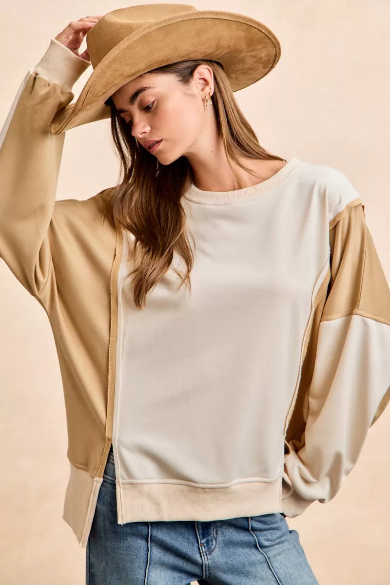 Beige and cream BiBi French terry color block bomber top