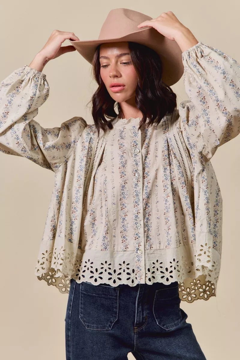 SO ME Floral Print Lace Button Down Shirt | Daverri Fashions