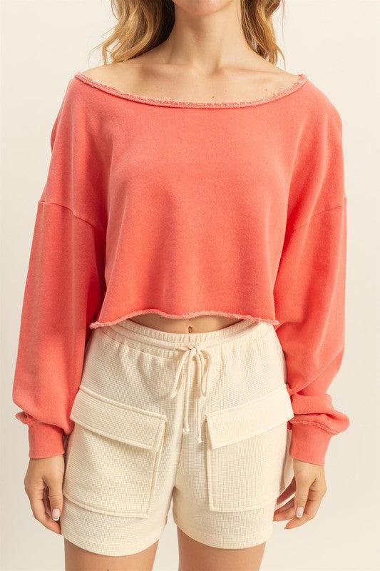 HYFVE Frayed Detail Boat Neck Long Sleeve Crop Top Tops