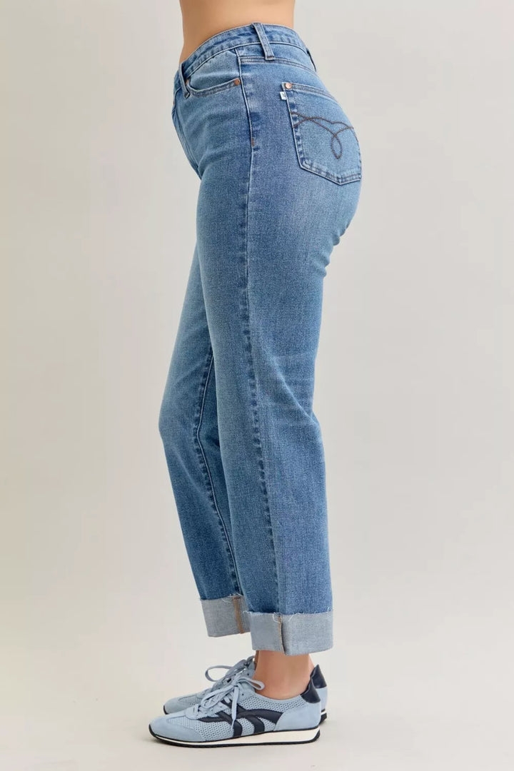 Judy Blue High Waist Bf Criss-cross Mild Destroy Jeans with Single Cuff | Daverri Fashions
