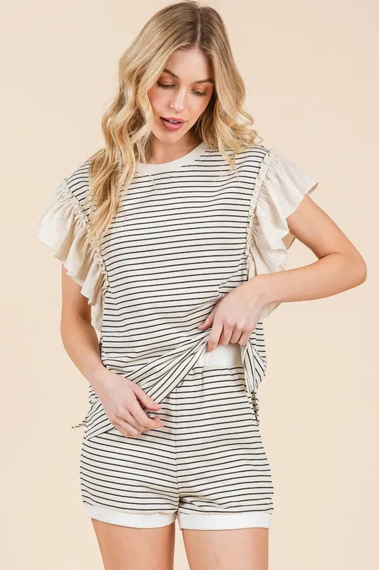 Lime 'N' Chili Striped Ruffle Sleeve Round Neck Top & Shorts Set