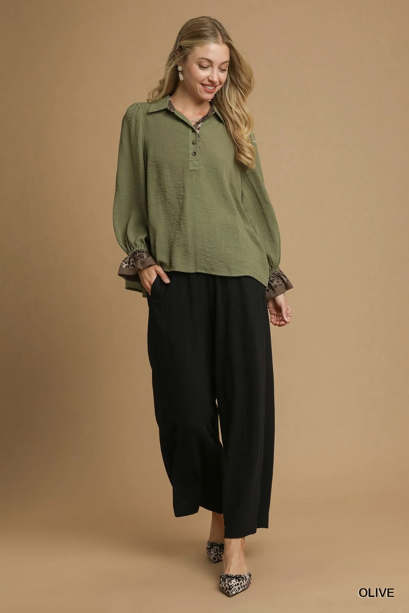 Umgee Half Button Blouse with Leopard Print Trim | Blouses Daverri Fashions