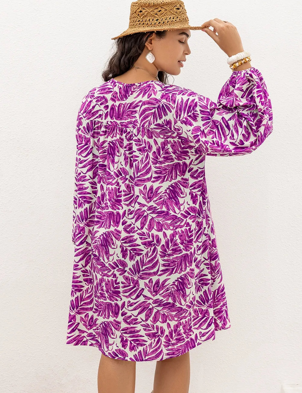 Plus Size Printed V-Neck Balloon Sleeve Mini Dress | Mini Dresses Daverri Fashions