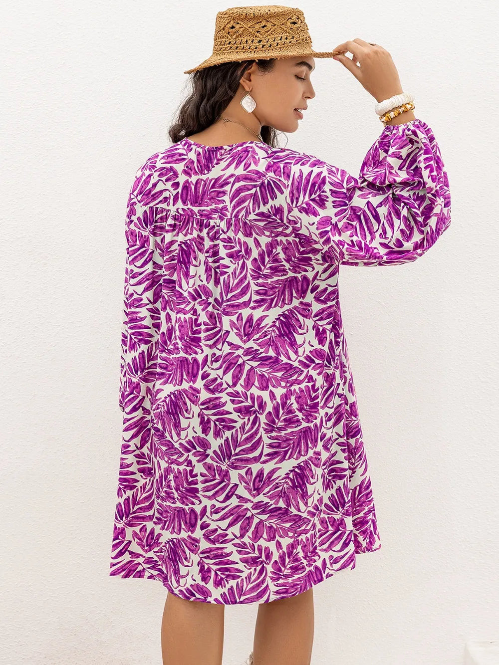 Plus Size Printed V-Neck Balloon Sleeve Mini Dress | Mini Dresses Daverri Fashions
