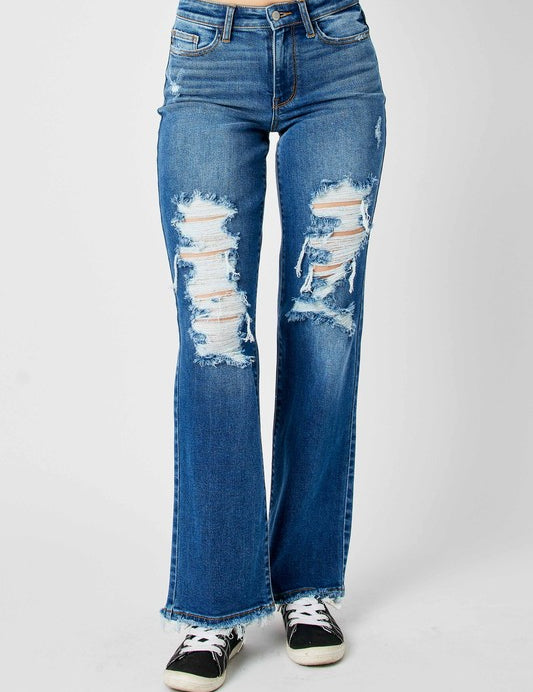 Judy Blue Full Size Mid Rise Distressed Raw Hem Jeans | Daverri Fashions