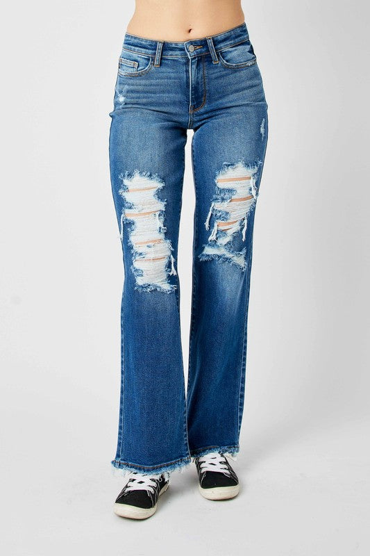 Judy Blue Full Size Mid Rise Distressed Raw Hem Jeans | Daverri Fashions