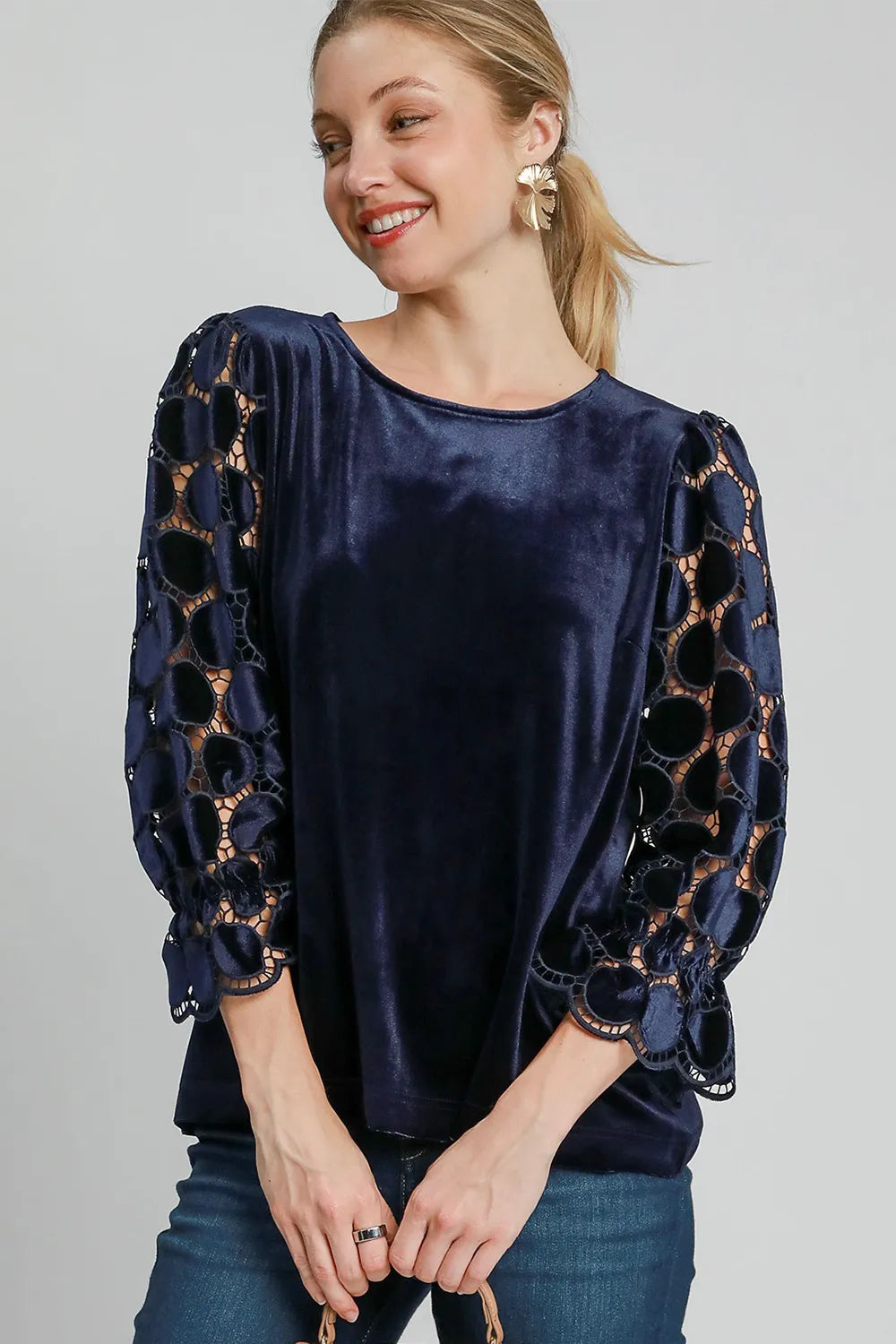 Navy Umgee Polka Dot Lace Long Sleeve Round Neck Blouse | Blouses Daverri Fashions