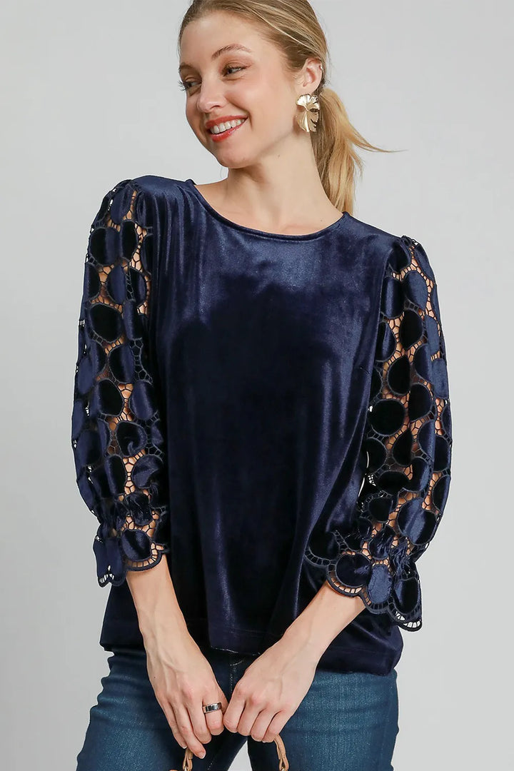 Navy Umgee Polka Dot Lace Long Sleeve Round Neck Blouse | Blouses Daverri Fashions