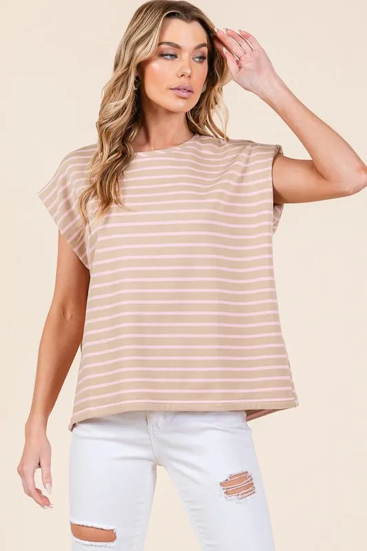 Lime 'N' Chili Striped Muscle Sleeve Top TAUPE S