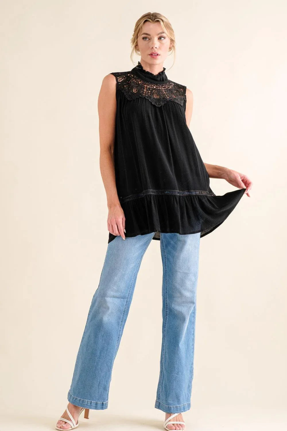 And The Why Lace Detail Sleeveless Ruffled Top - DAVERRI FASHIONS