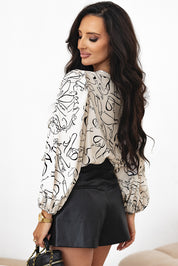 Beige Abstract Print Balloon Sleeve Crew Neck Blouse