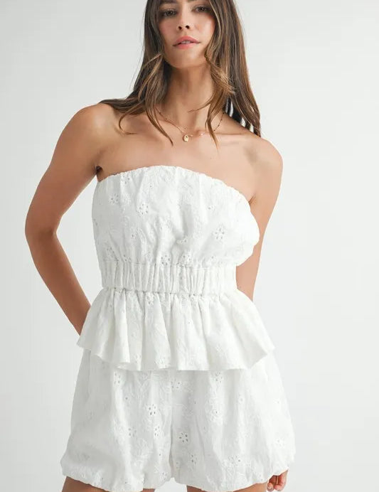 MABLE Floral Eyelet Lace Tube Top and Short Set | Outfit Sets Daverri Fashions