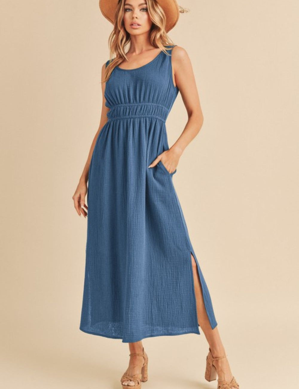 Aemi + Co Side Slit Round Neck Sleeveless Tank Dress Peacock Blue Midi Dresses