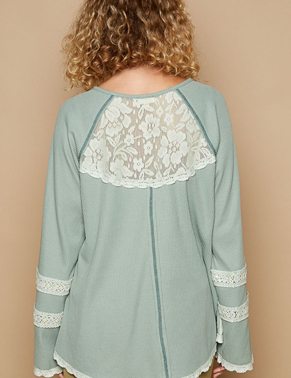 POL Round Neck Long Sleeve Lace Trim Thermal Top