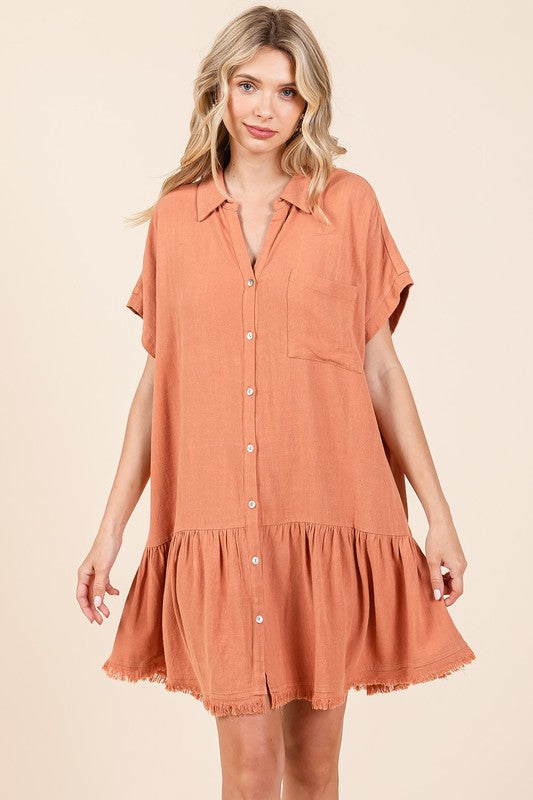 Mittoshop Ginger Linen Blend Button Down Shirt Mini Dress Mini Dresses