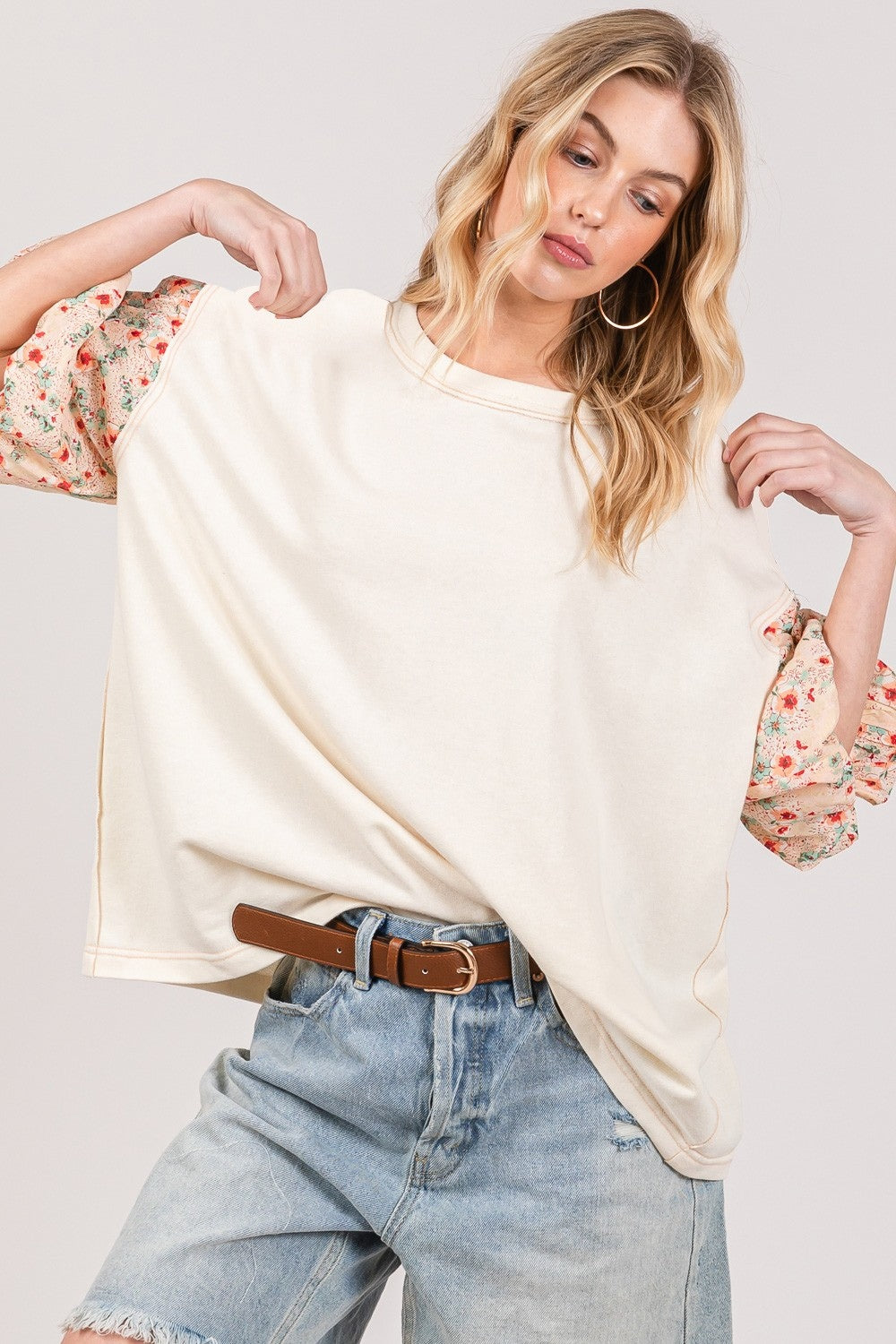 SAGE + FIG Round Neck Bubble Sleeve Oversize Top Tops