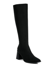 BLACK Paytin Faux Leather Block Heel Calf Length Boots | Boots Daverri Fashions