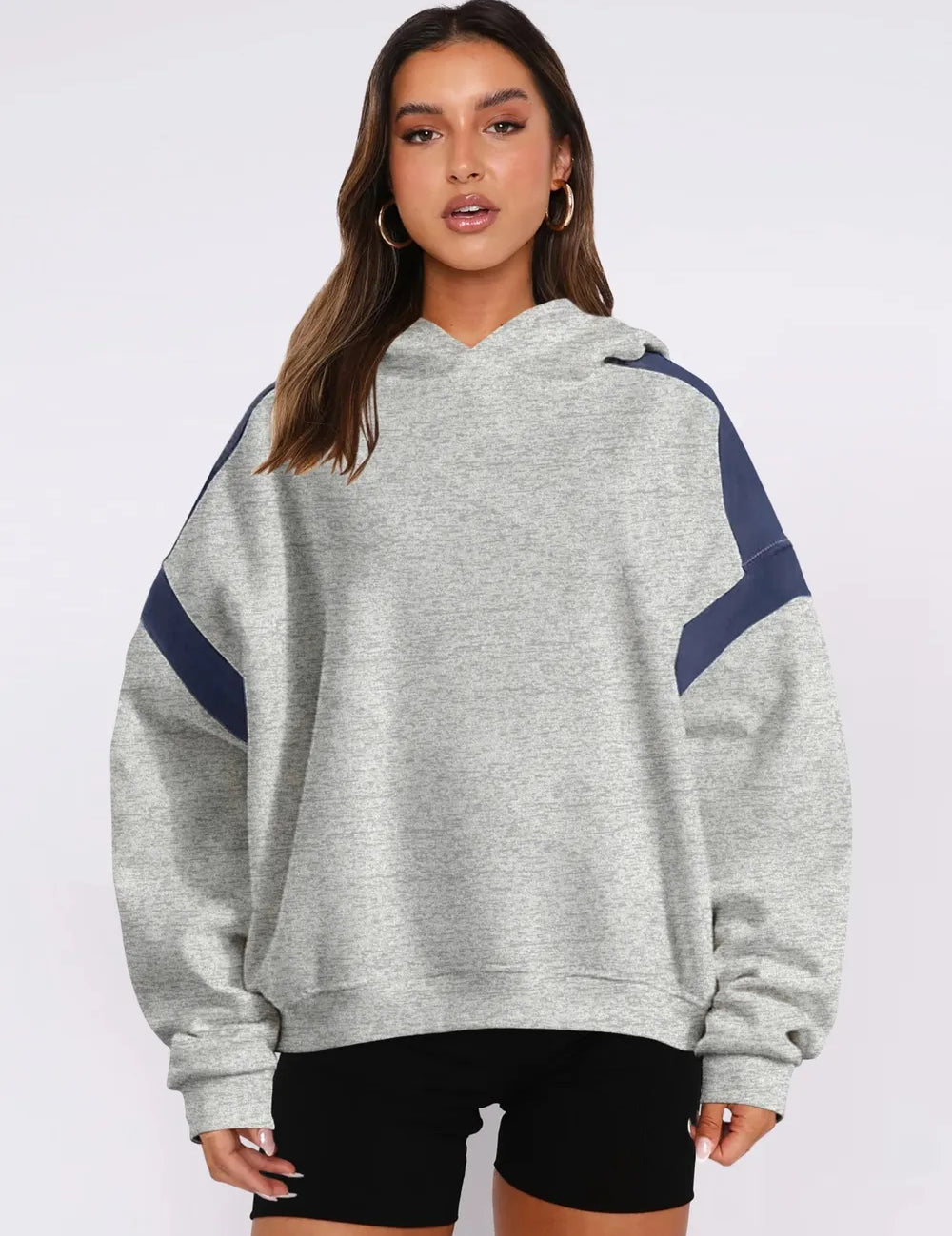 Light Gray Contrast Dropped Shoulder Long Sleeve Hoodie | Sweatshirts Daverri Fashions
