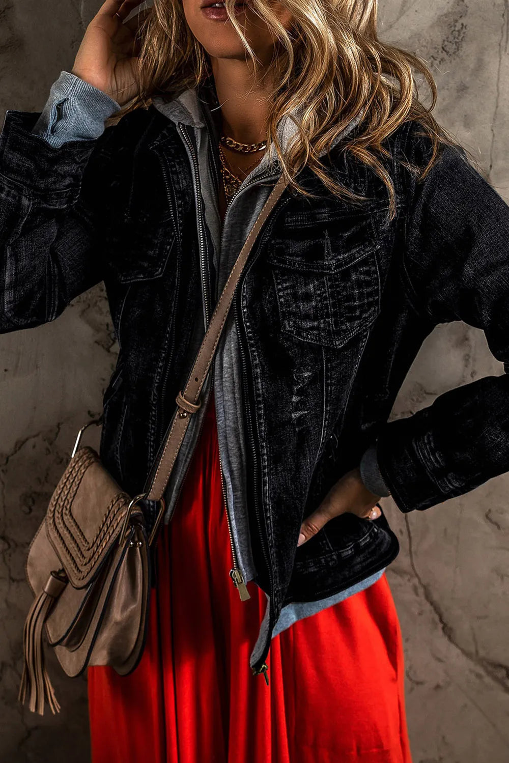 Faux Two-Piece Hooded Zip-Up Denim Jacket | Denim Jackets Daverri Fashions