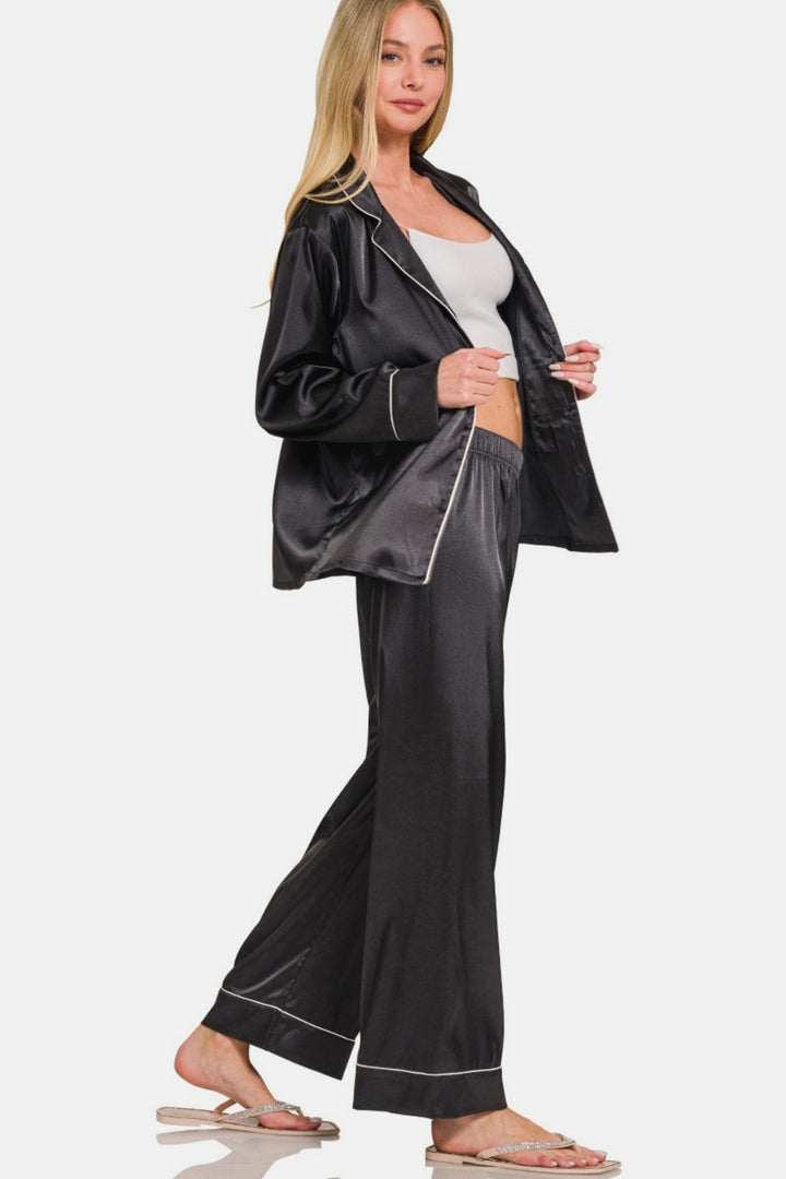 Black Satin Long Sleeve Shirt and Pants Pajama Set Outfit sets