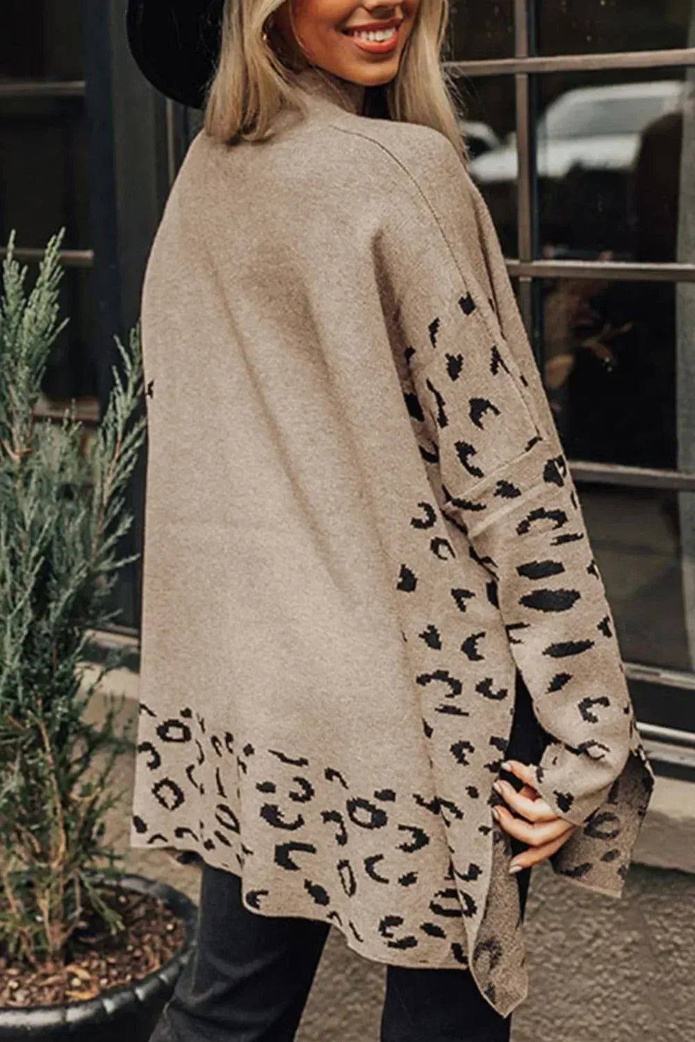 Slit Leopard Mock Neck Dropped Shoulder Sweater - DAVERRI FASHIONS