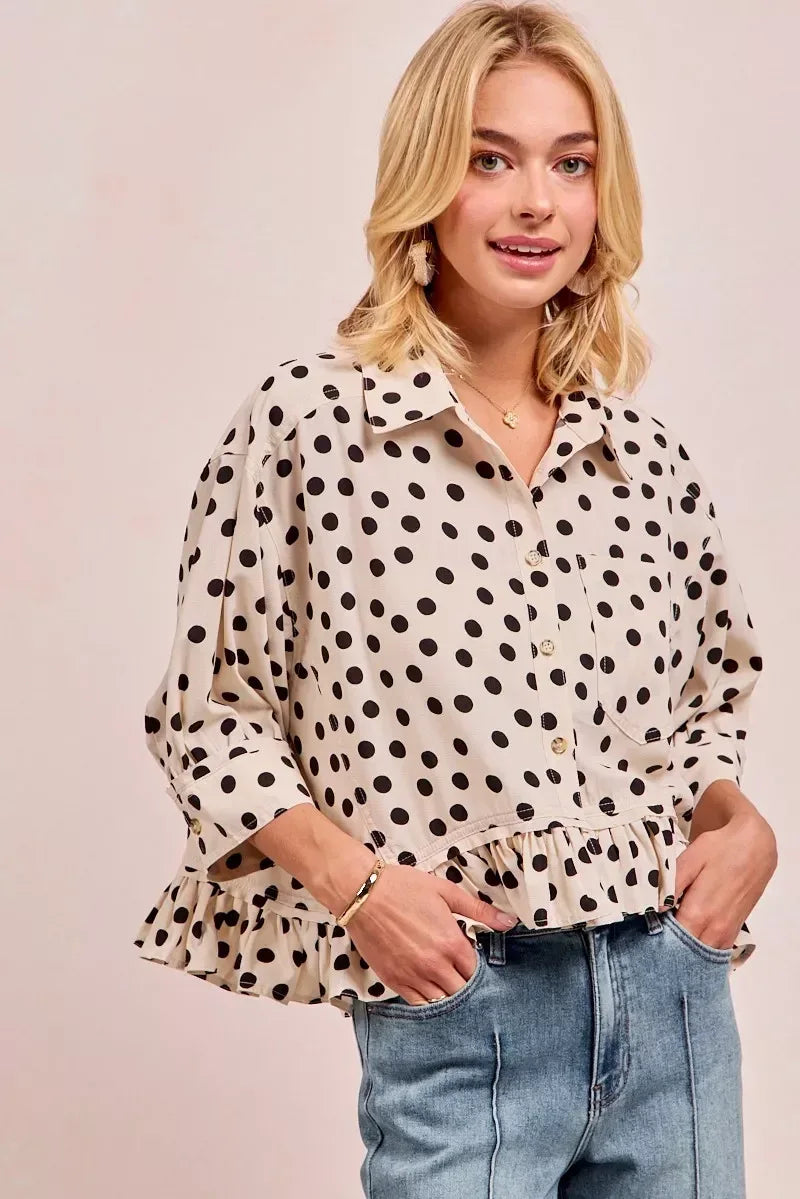 BiBi Polka Dot Printed Peplum Top with Front Button - DAVERRI FASHIONS