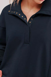 Buttoned Collared Raw Detail High Low Baggy Sweatshirt with Slits | Sweatshirts Daverri Fashions