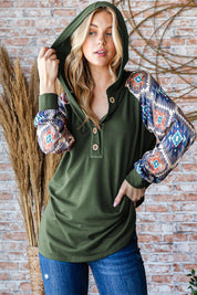 Olive Heimish Full Size Half Button Printed Long Sleeve Hooded Top | Tops Daverri Fashions