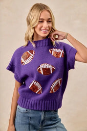 BiBi Gameday Sequin Football Patches Rib Banded Sweater | Sweaters Daverri Fashions