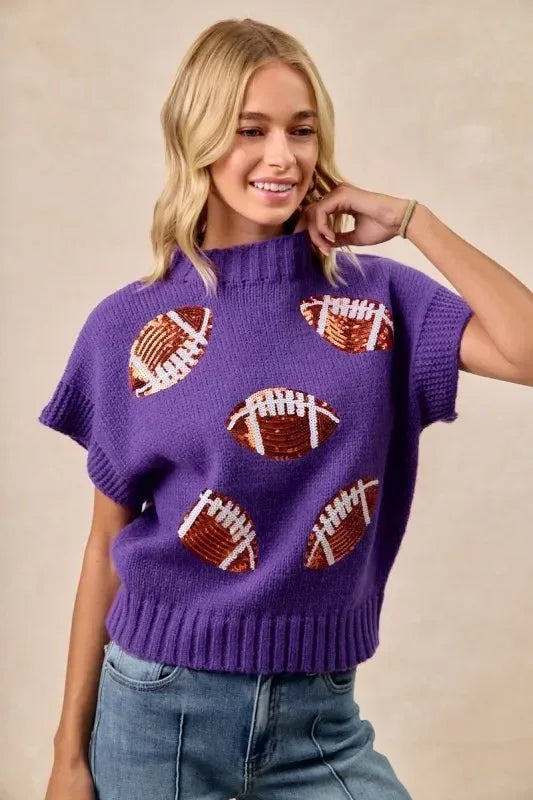 BiBi Gameday Sequin Football Patches Rib Banded Sweater - DAVERRI FASHIONS
