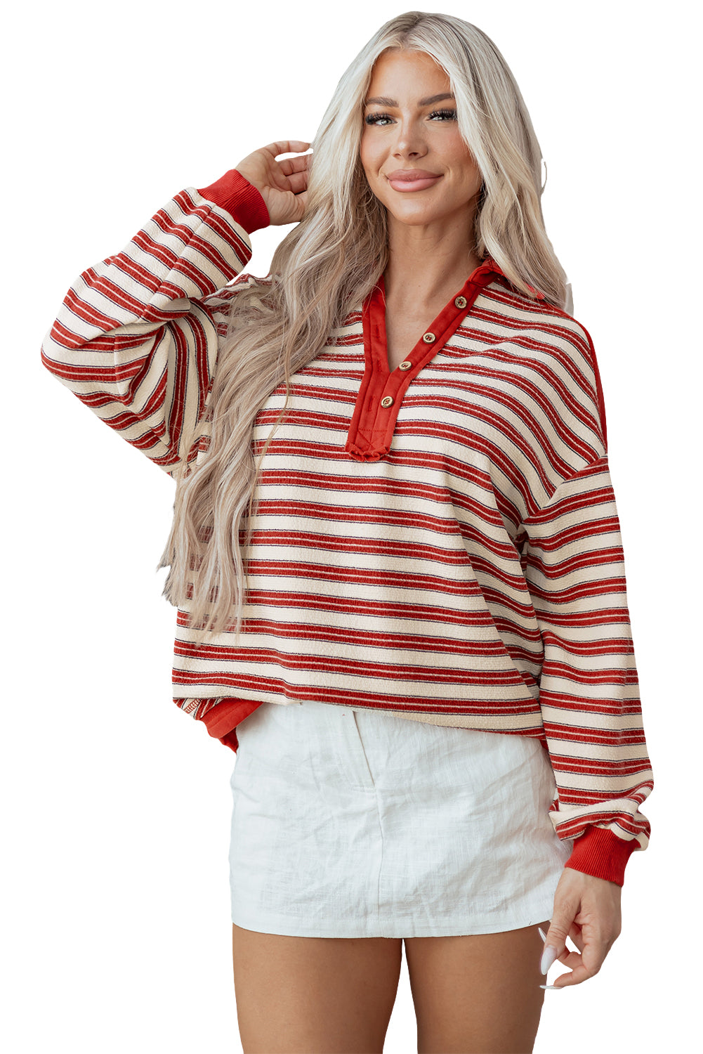 Striped Buttoned V Neck Collared Drop Shoulder Top | Tops/Long Sleeve Tops Daverri Fashions