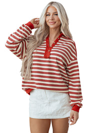 Striped Buttoned V Neck Collared Drop Shoulder Top | Tops/Long Sleeve Tops Daverri Fashions