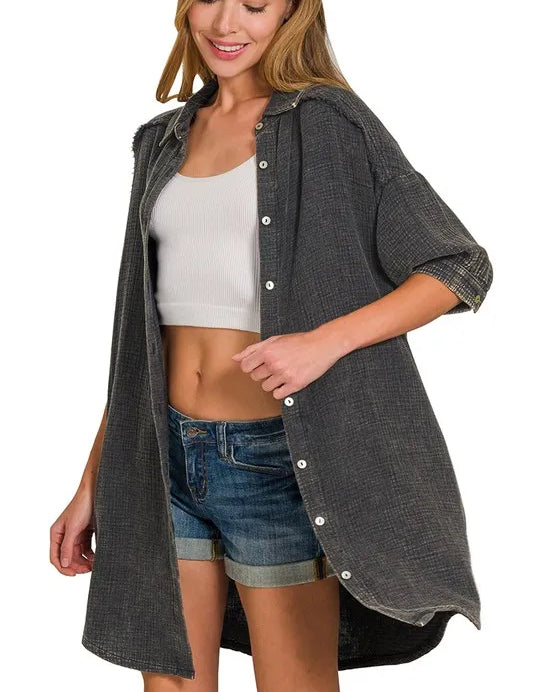 Zenana Washed Double Gauze Button Down Shirt Dress | Daverri Fashions