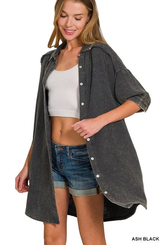 Zenana Washed Double Gauze Button Down Shirt Dress