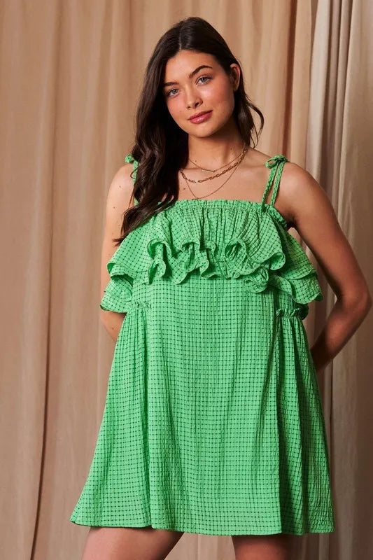 Davi & Dani Textured Jacquard Checker Fabric Ruffled Dress | Mini Dresses Daverri Fashions