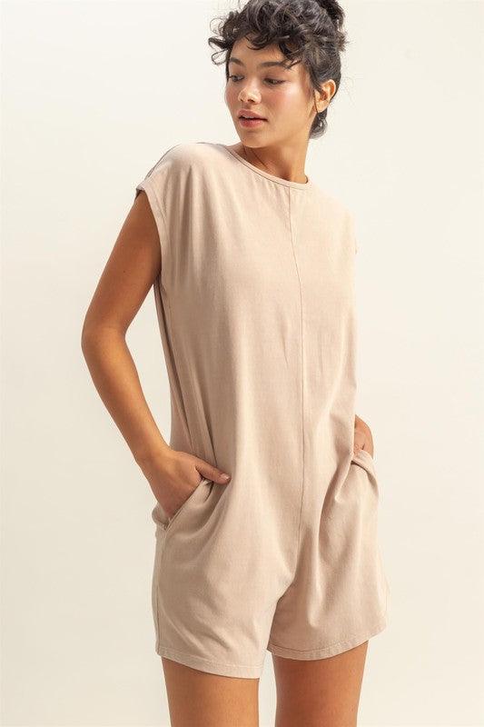 HYFVE Round Neck Cap Sleeve Relaxed Fit Breezy Romper Tan Rompers