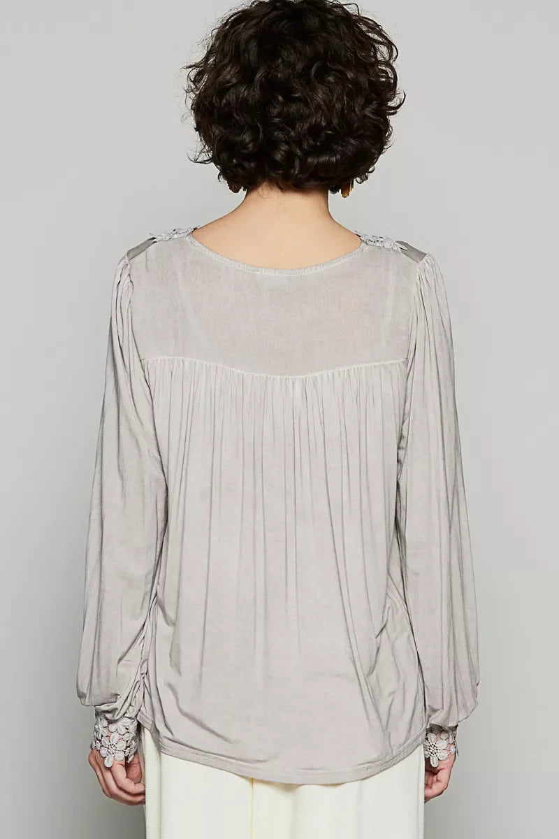 Grey POL Floral Embroidery Woven Top with sheer pleated sleeves