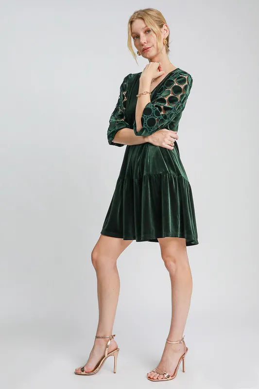 Umgee Dotted Lace Sleeve Tiered Velvet Mini Dress Mini Dresses