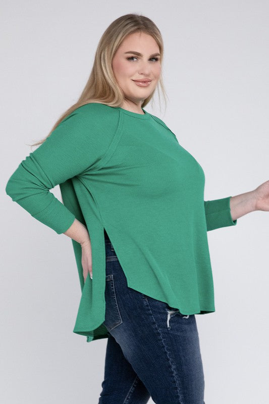 Plus Melange Baby Waffle Long Sleeve Top Plus Tops