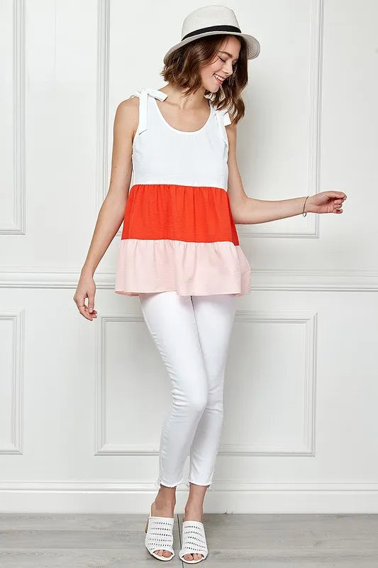 Lime 'N' Chili Color Block Sleeveless Tie Shoulder Babydoll Top | Tops Daverri Fashions