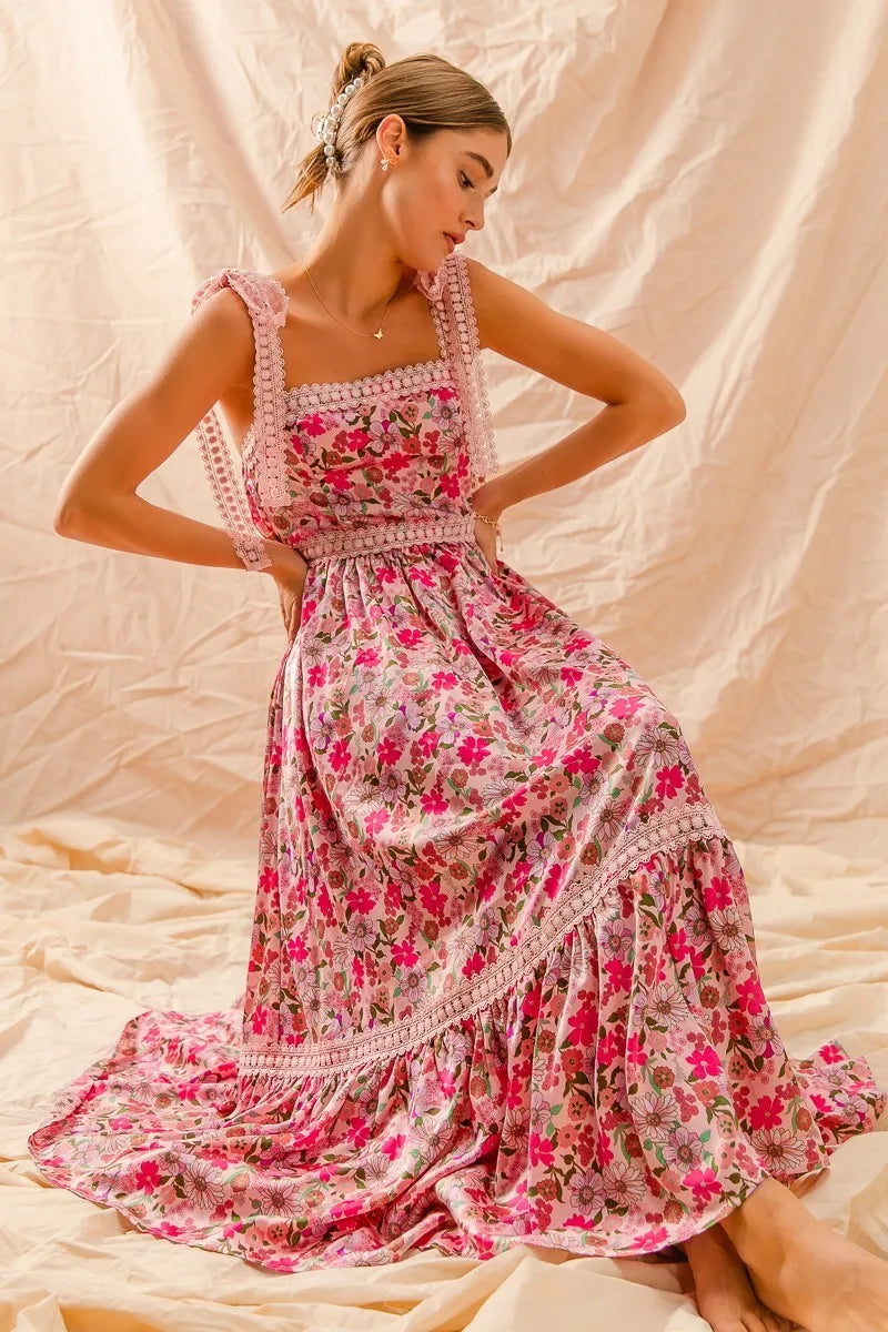 SO ME floral maxi dress in pink with lace trim and ribbon tie straps
