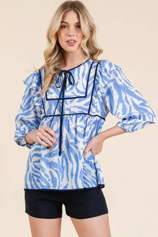 Lime 'N' Chili Graphic Print Solid Trim Quarter Sleeve Blouse - DAVERRI FASHIONS