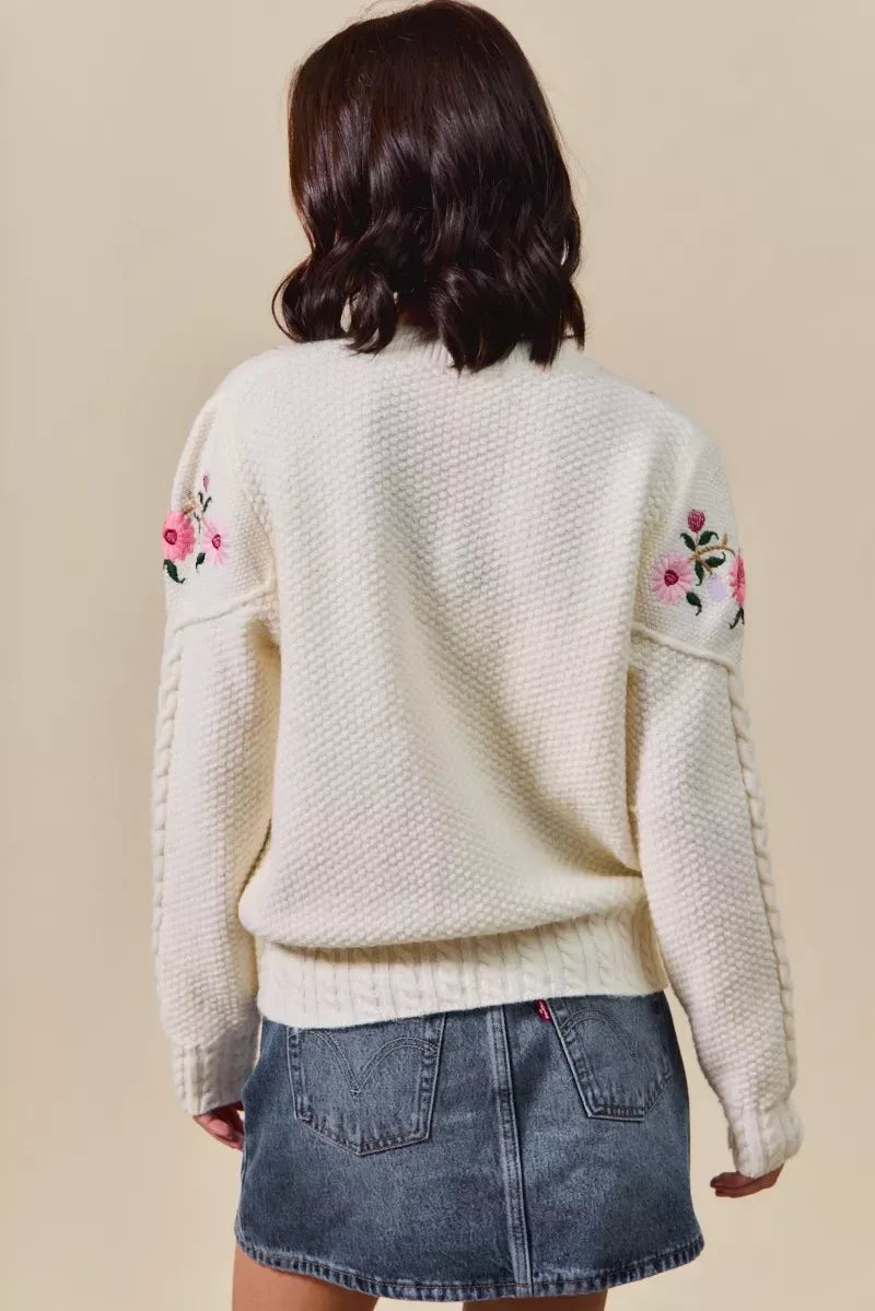 SO ME Floral Embroidered Coquette Sweater Cardigan - DAVERRI FASHIONS