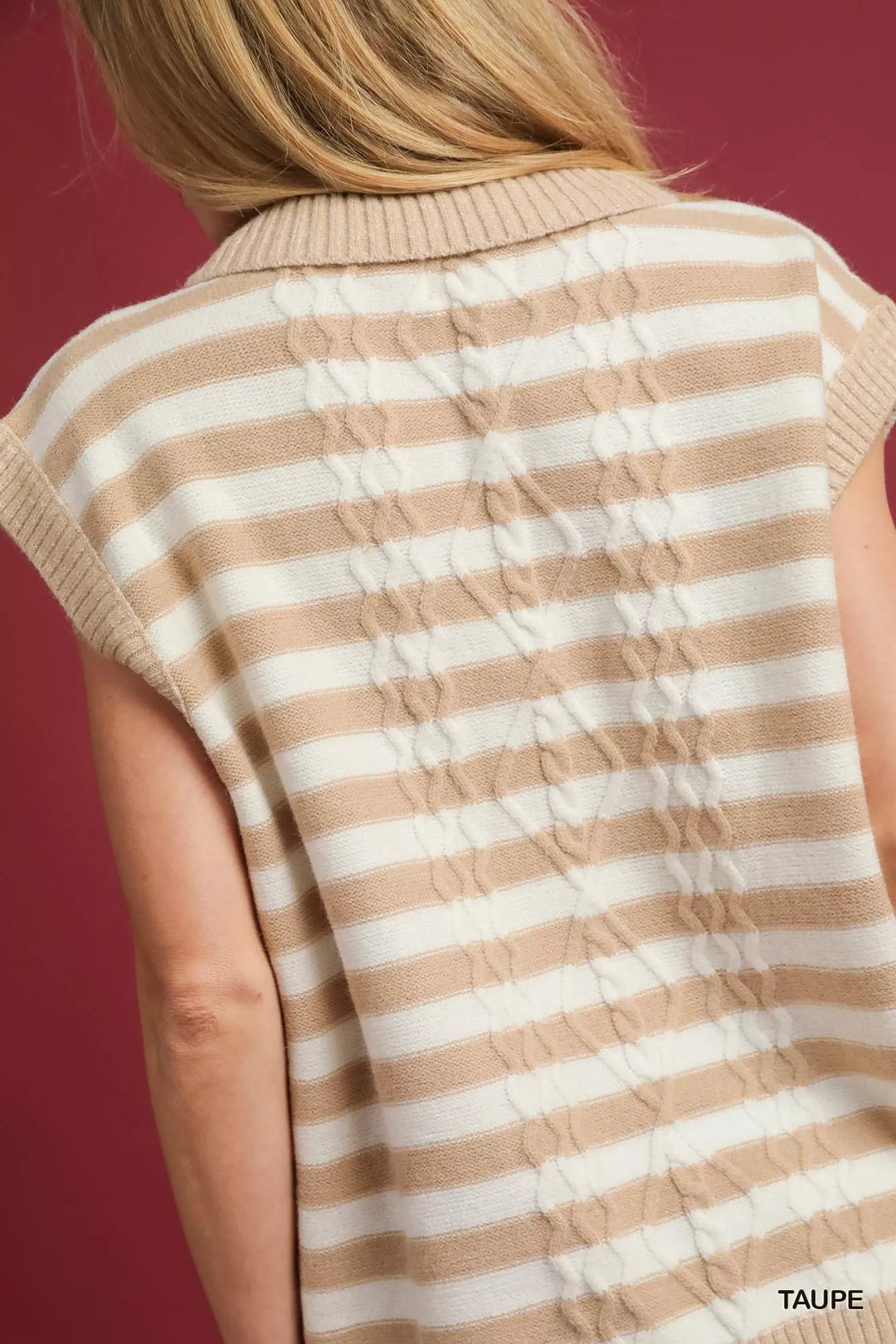 Umgee Cable Knit Collared Striped Vest Sweater | Daverri Fashions
