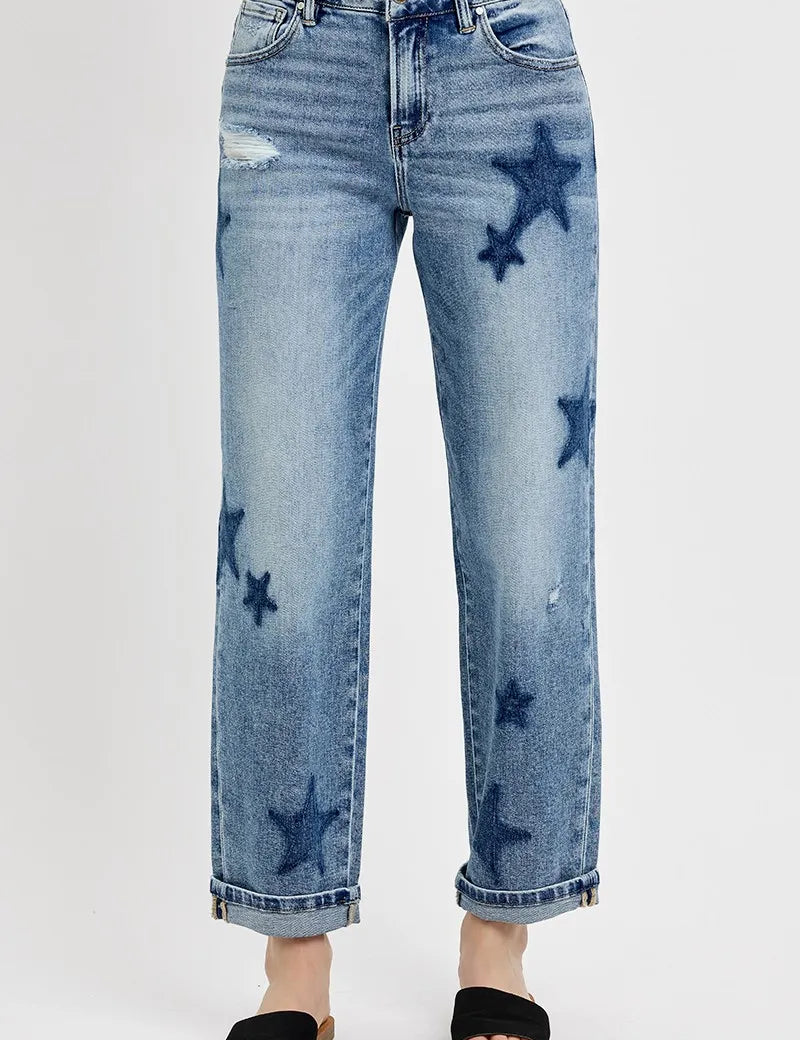 RISEN Full Size Mid Rise Boyfriend Star Shadow Detail Cuffed Jeans | Jeans Daverri Fashions