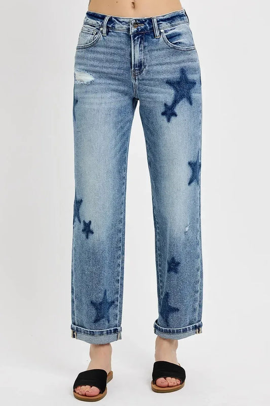 RISEN Full Size Mid Rise Boyfriend Star Shadow Detail Cuffed Jeans - DAVERRI FASHIONS
