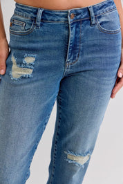 Judy Blue Full Size Mid Rise Bf Patch & Repair Destroy Release Hem Jeans Plus Size | Jeans Daverri Fashions