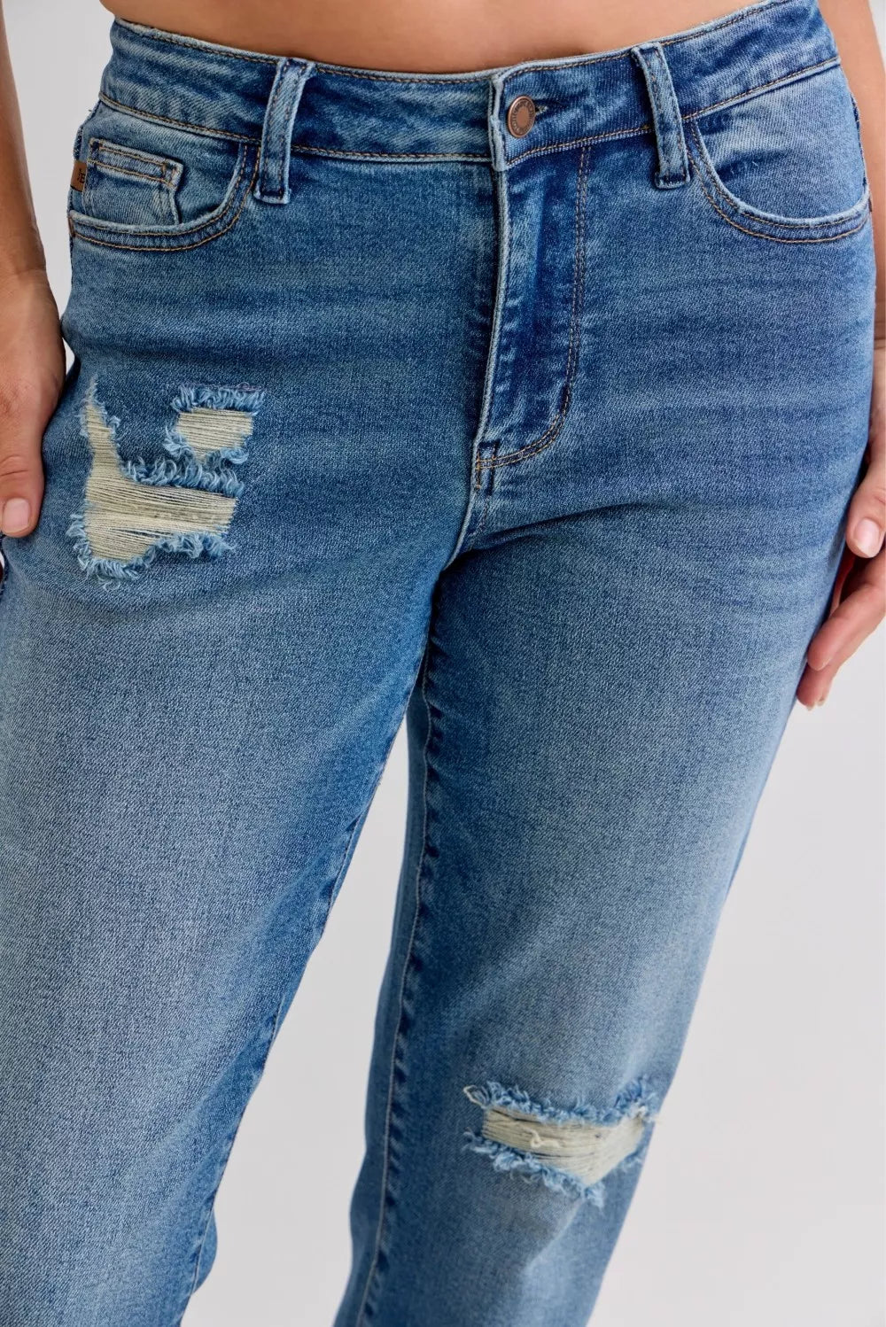 Judy Blue Full Size Mid Rise Bf Patch & Repair Destroy Release Hem Jeans Plus Size | Jeans Daverri Fashions