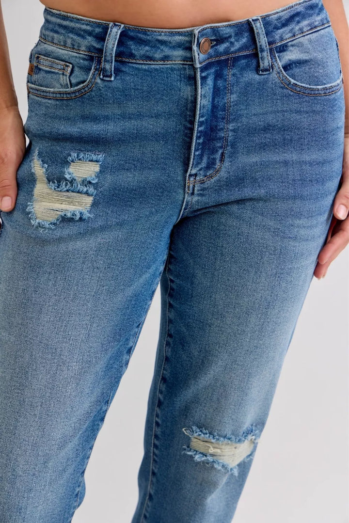 Judy Blue Full Size Mid Rise Bf Patch & Repair Destroy Release Hem Jeans Plus Size | Jeans Daverri Fashions