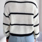 Cozy black and white striped plus size mock neck knit sweater